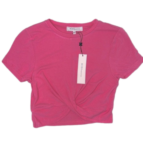BCBGeneration Hot Pink Ribbed Cross Twist Front Crop T-Shirt Top - X Small, NWT - Picture 1 of 9